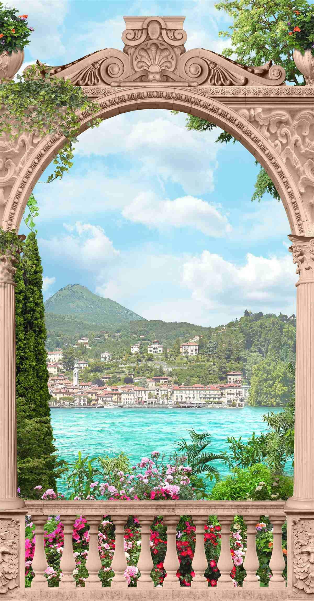 Fototapet loggie cu ușă arcuită și peisaj frumos