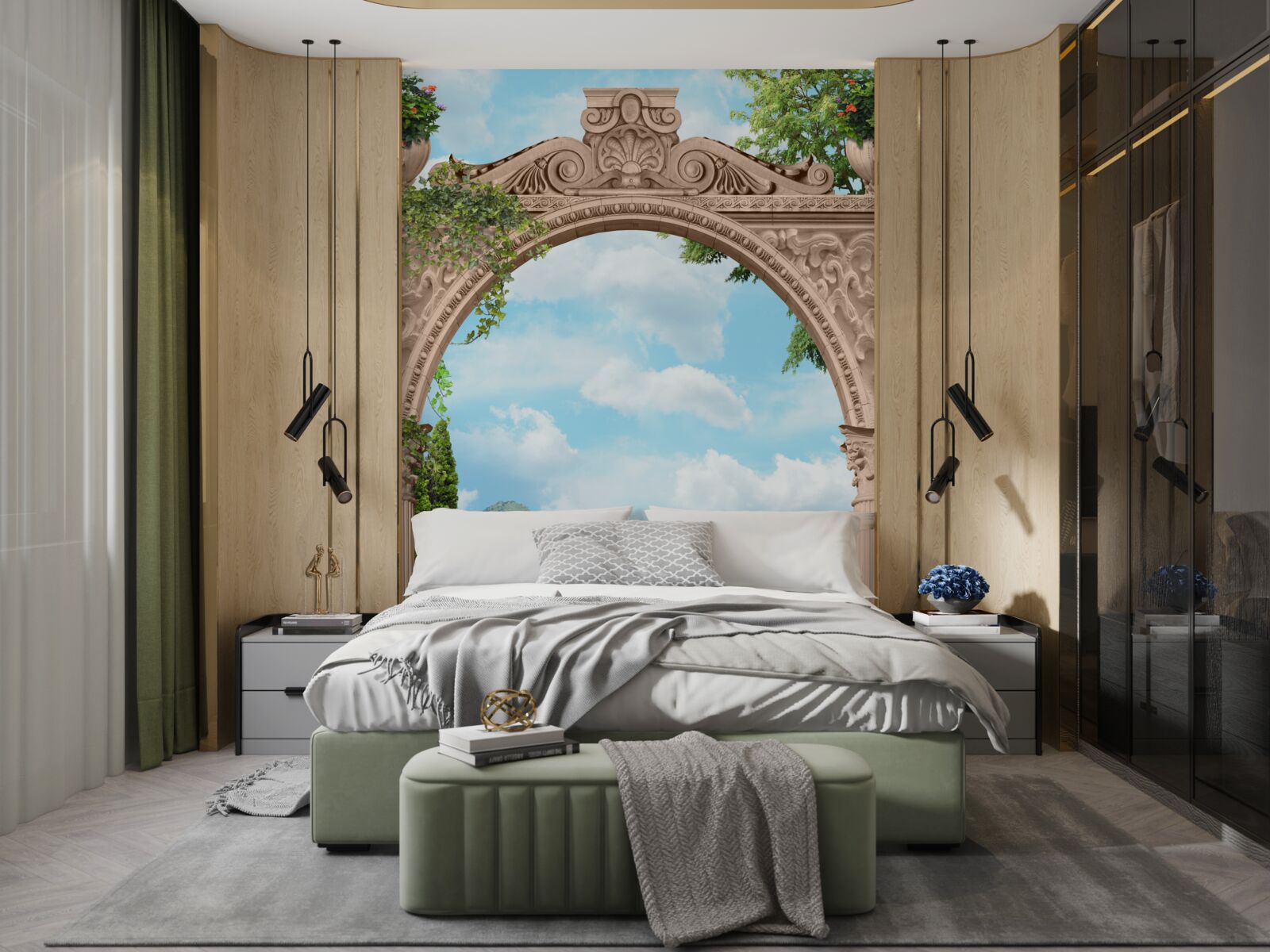 Fototapet loggie cu ușă arcuită și peisaj frumos