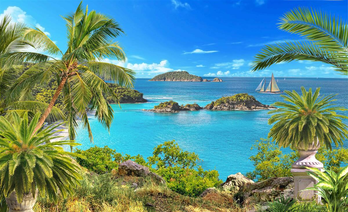 Fototapet ocean și nuci de cocos