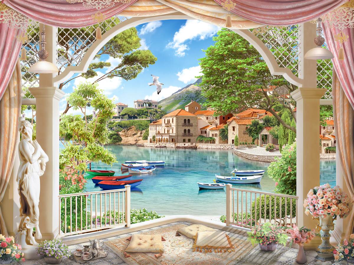 Fototapet balcon cu vedere la mare și bărci