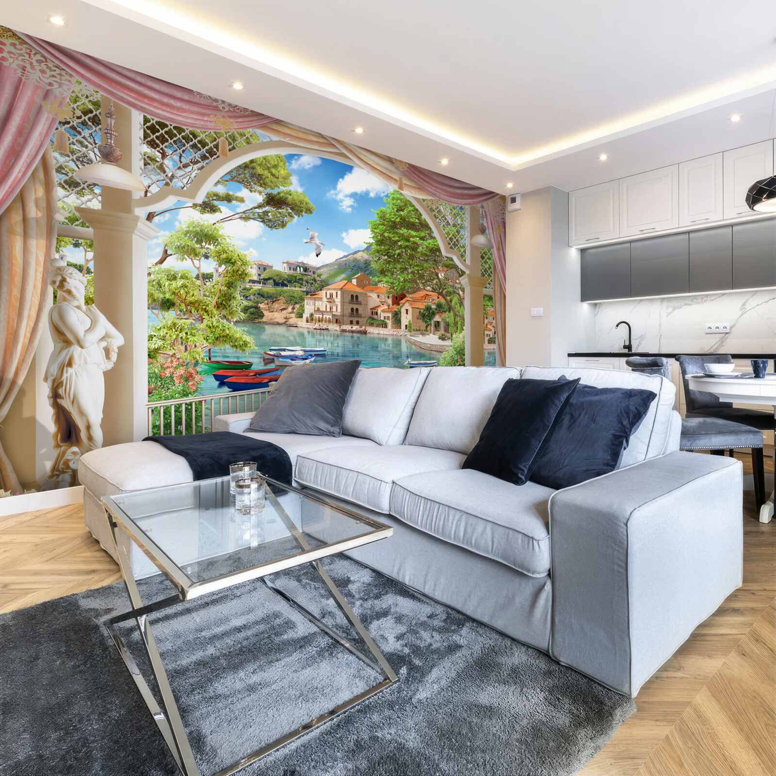 Fototapet balcon cu vedere la mare și bărci