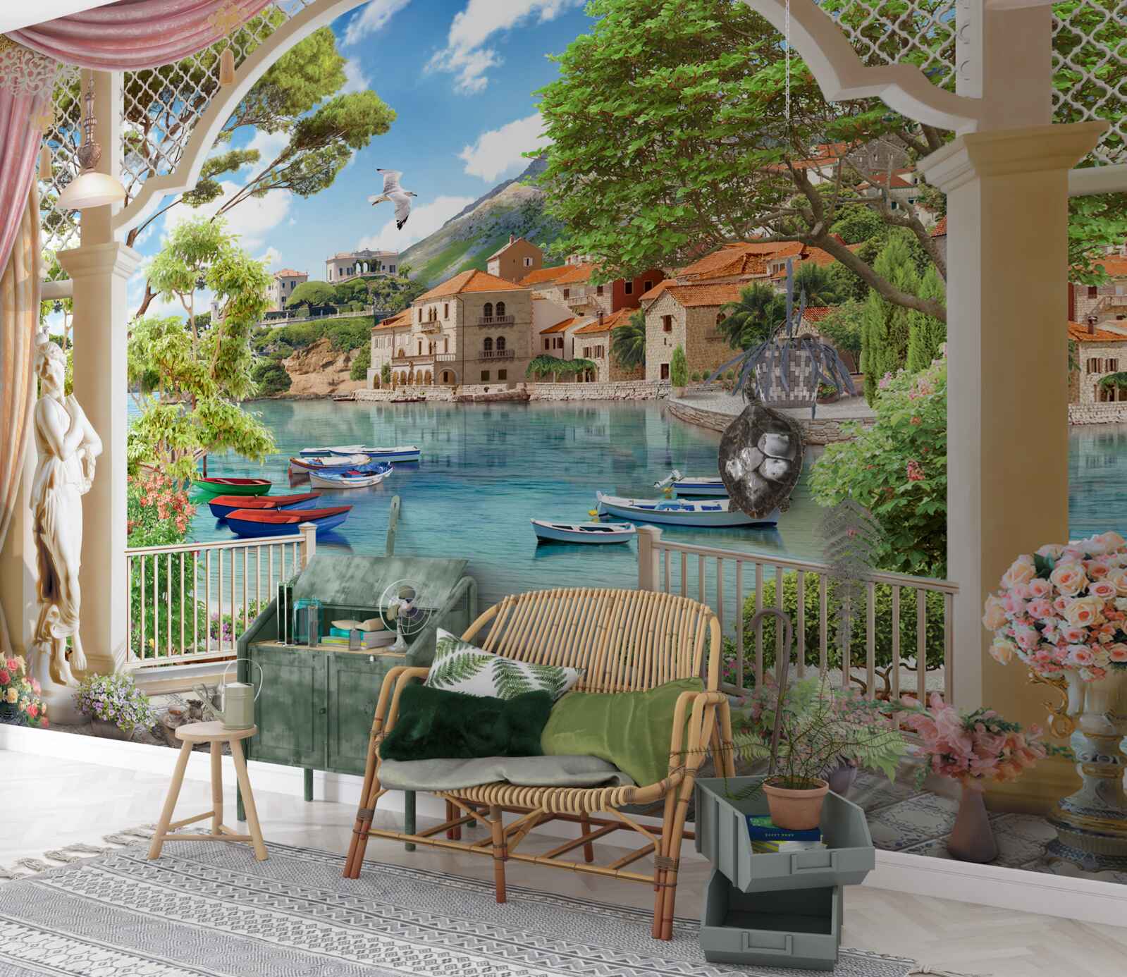 Fototapet balcon cu vedere la mare și bărci