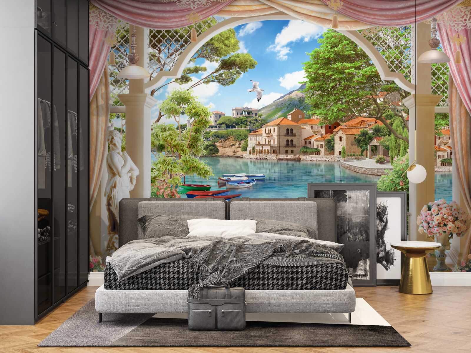 Fototapet balcon cu vedere la mare și bărci