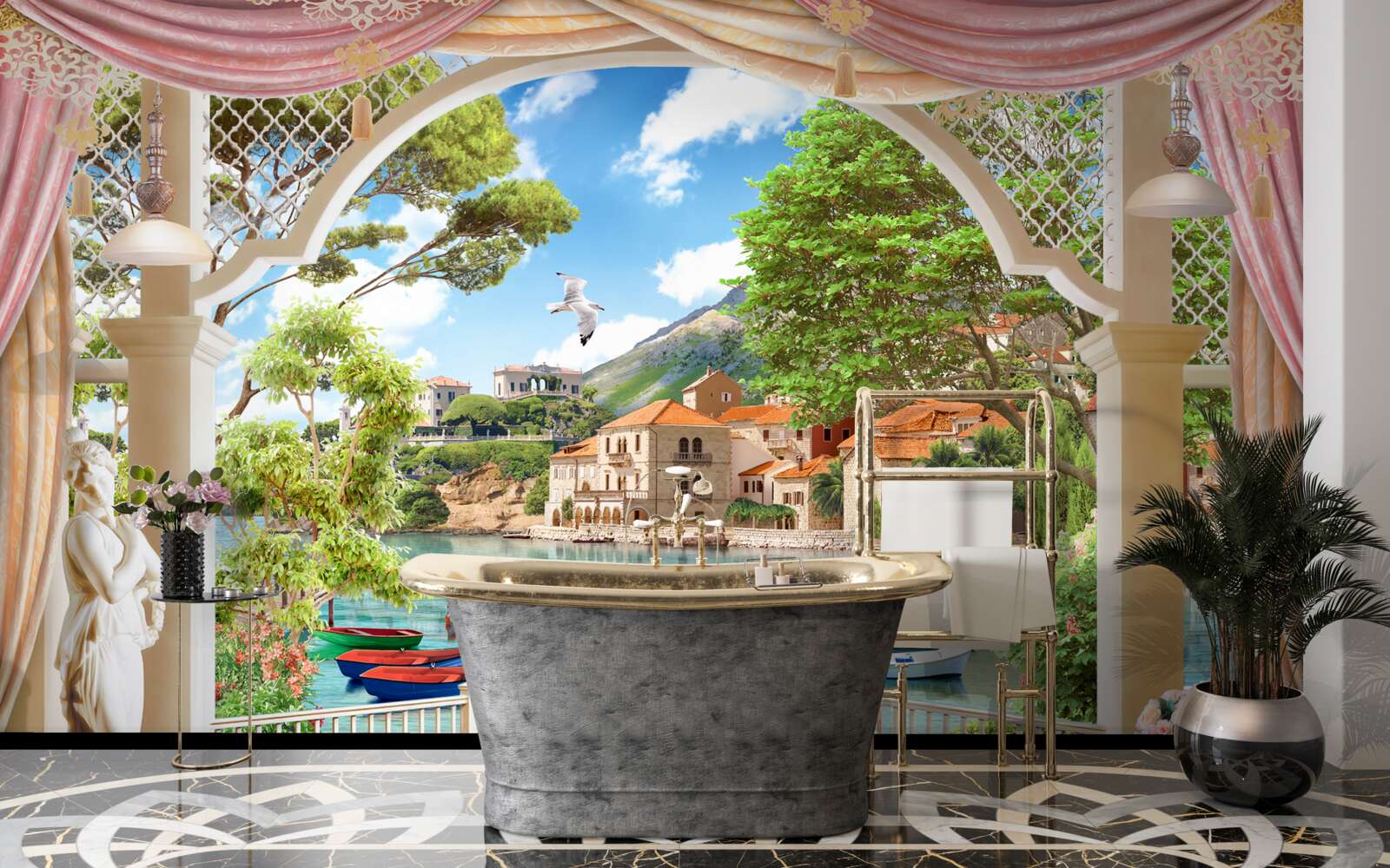 Fototapet balcon cu vedere la mare și bărci