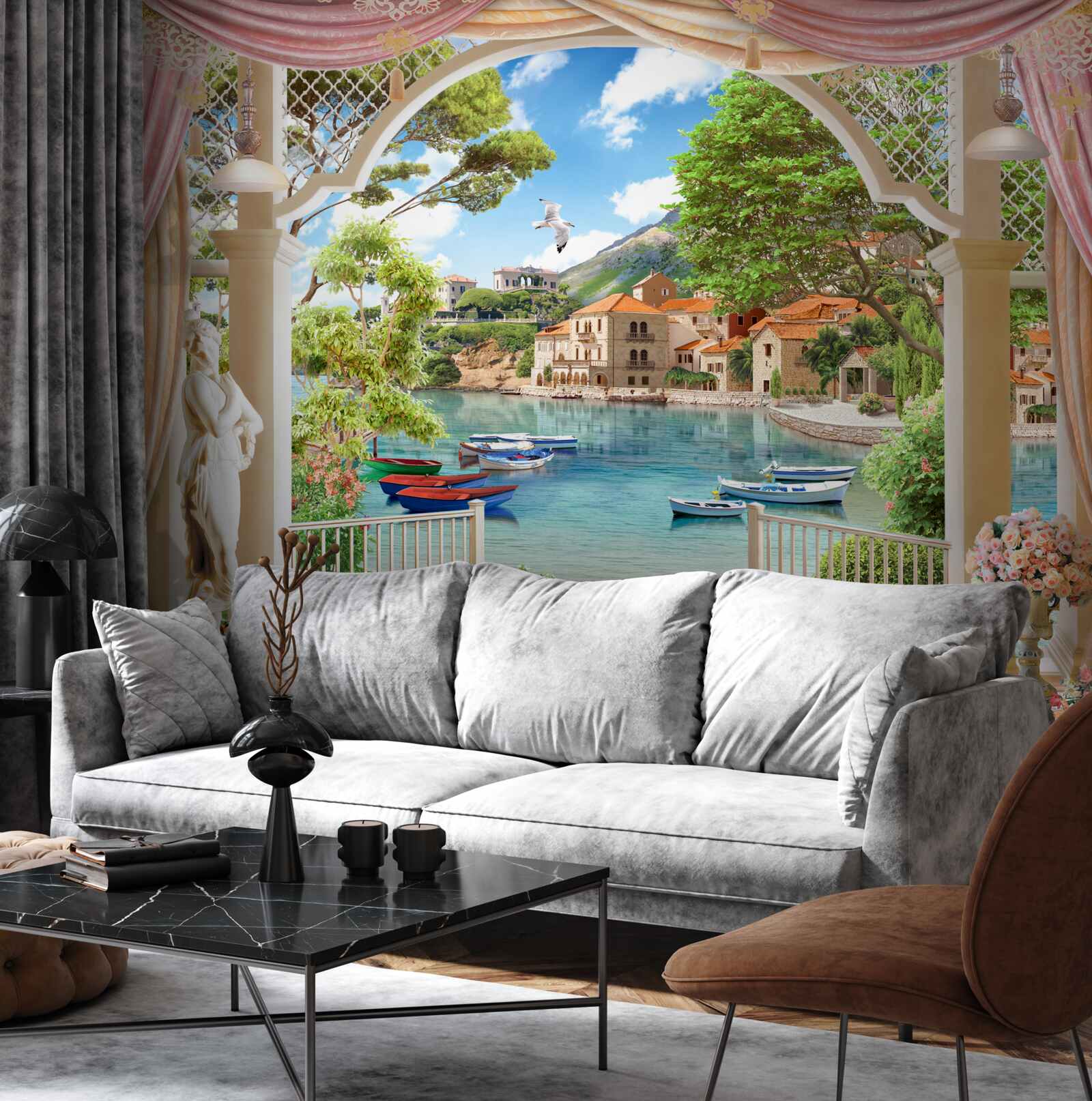 Fototapet balcon cu vedere la mare și bărci