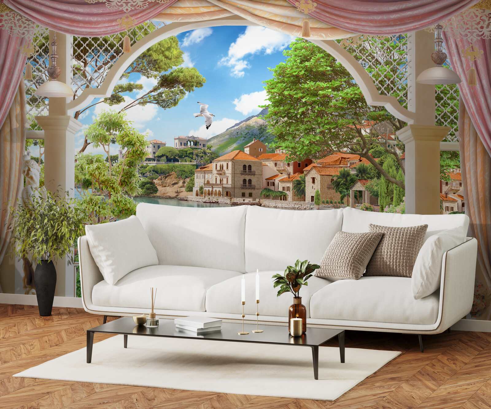 Fototapet balcon cu vedere la mare și bărci