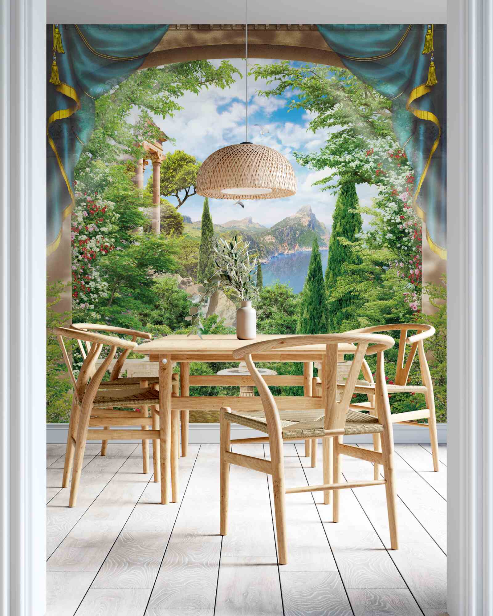 Fototapet o grădină înflorită și o fântână care izvorăște apă