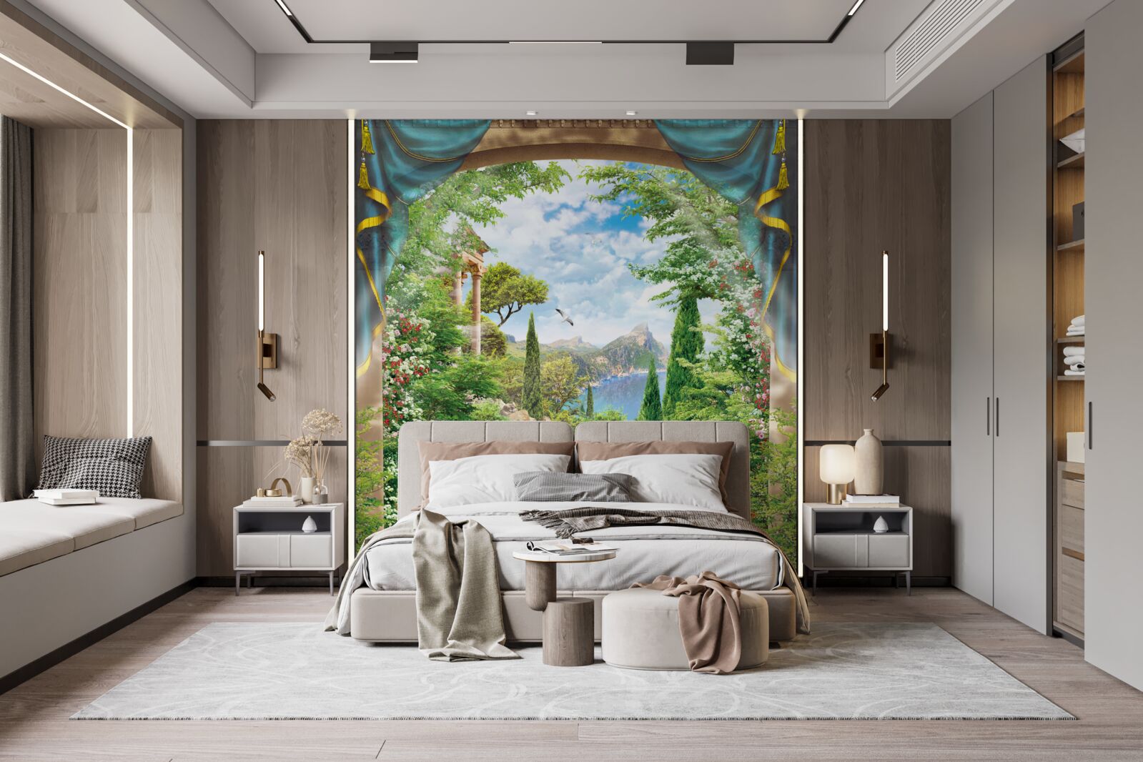 Fototapet o grădină înflorită și o fântână care izvorăște apă