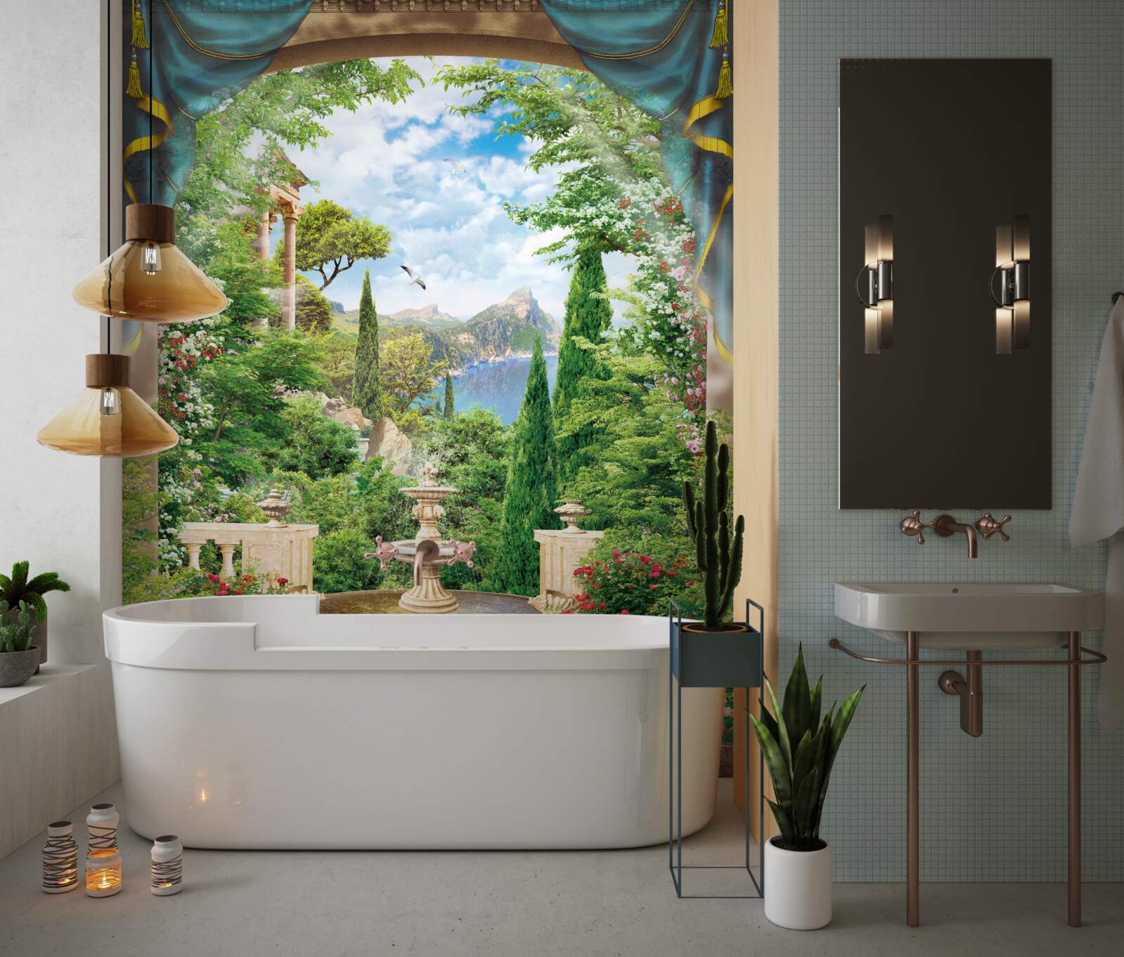 Fototapet o grădină înflorită și o fântână care izvorăște apă