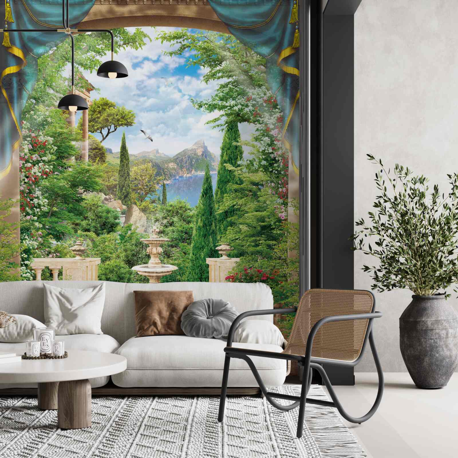 Fototapet o grădină înflorită și o fântână care izvorăște apă