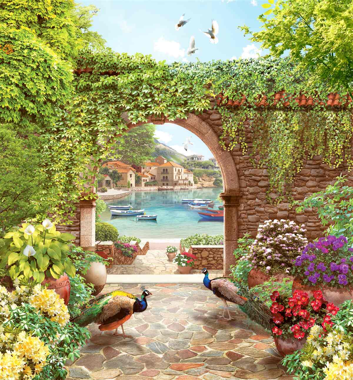 Fototapet păuni lângă arcul de piatră