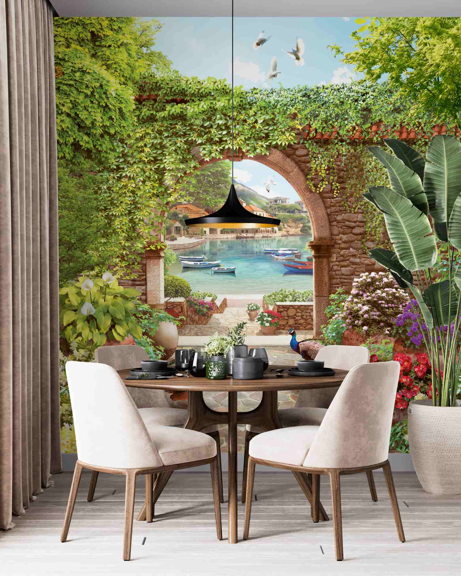 Fototapet păuni lângă arcul de piatră