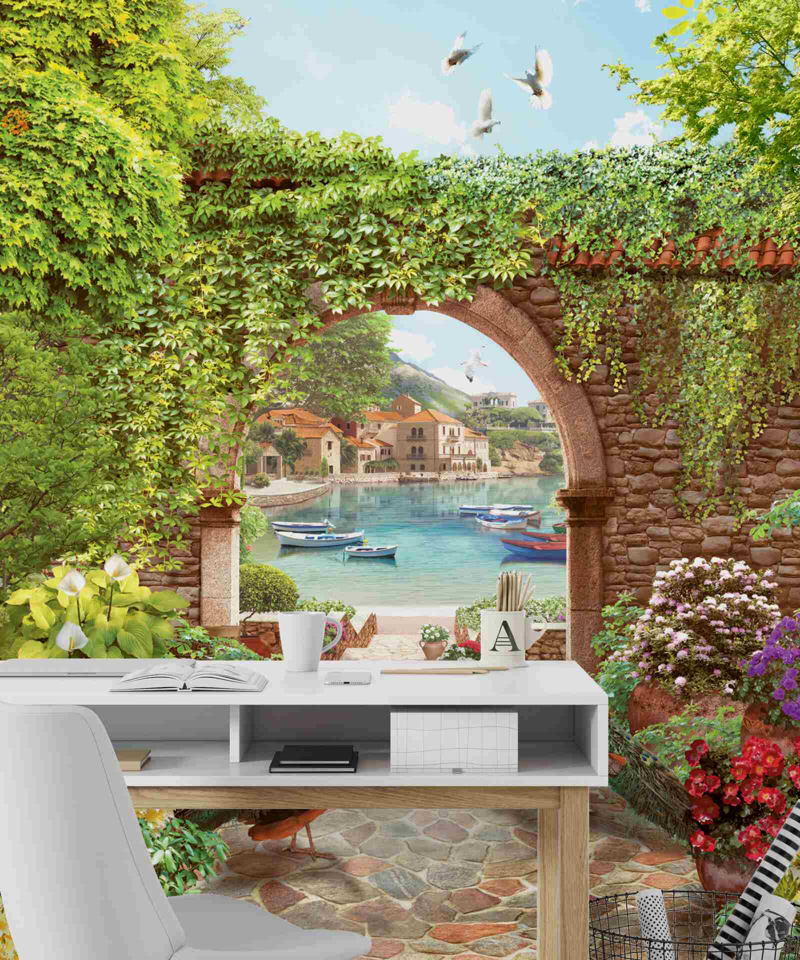 Fototapet păuni lângă arcul de piatră