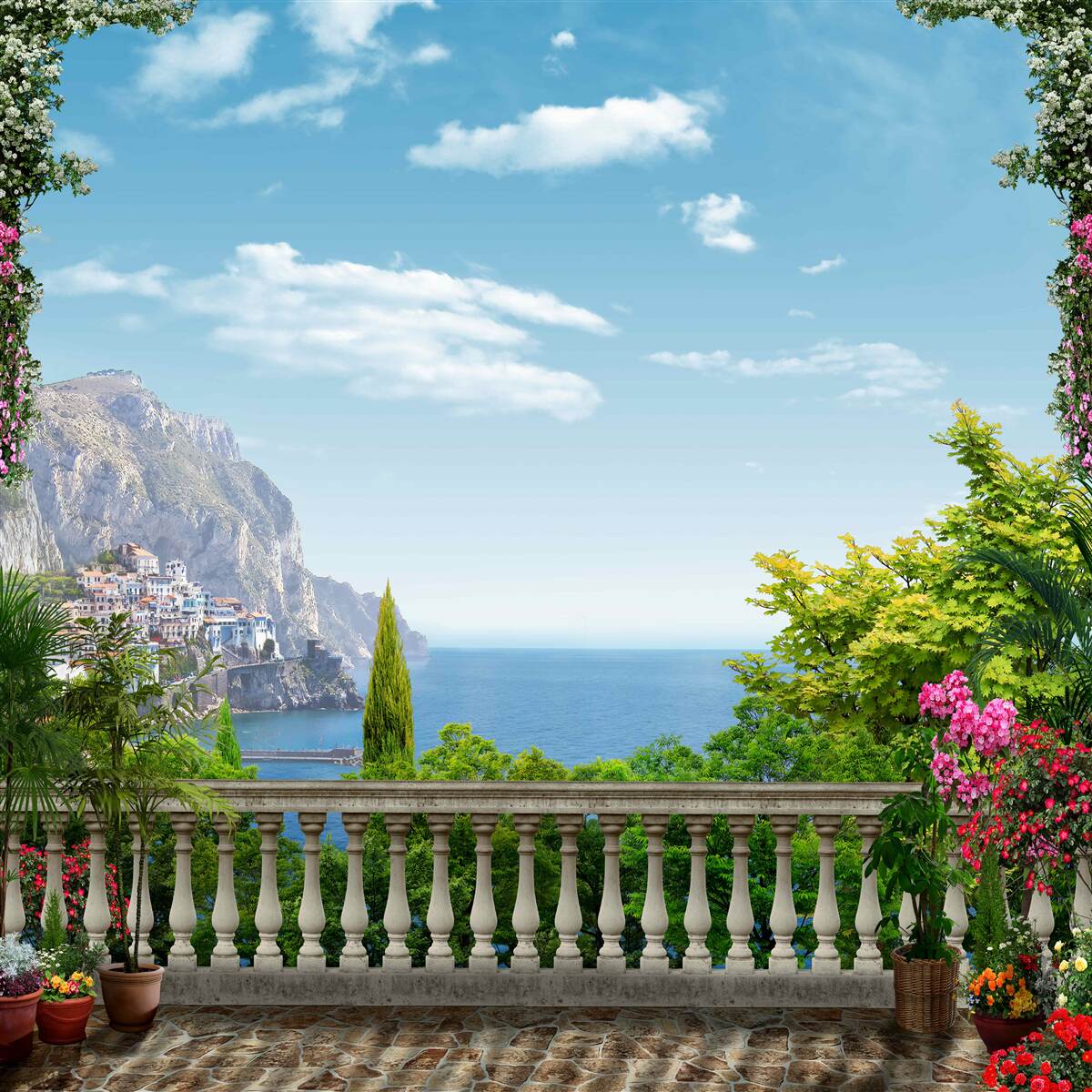 Fototapet vedere panoramică de la balcon cu vedere la munți și la mare