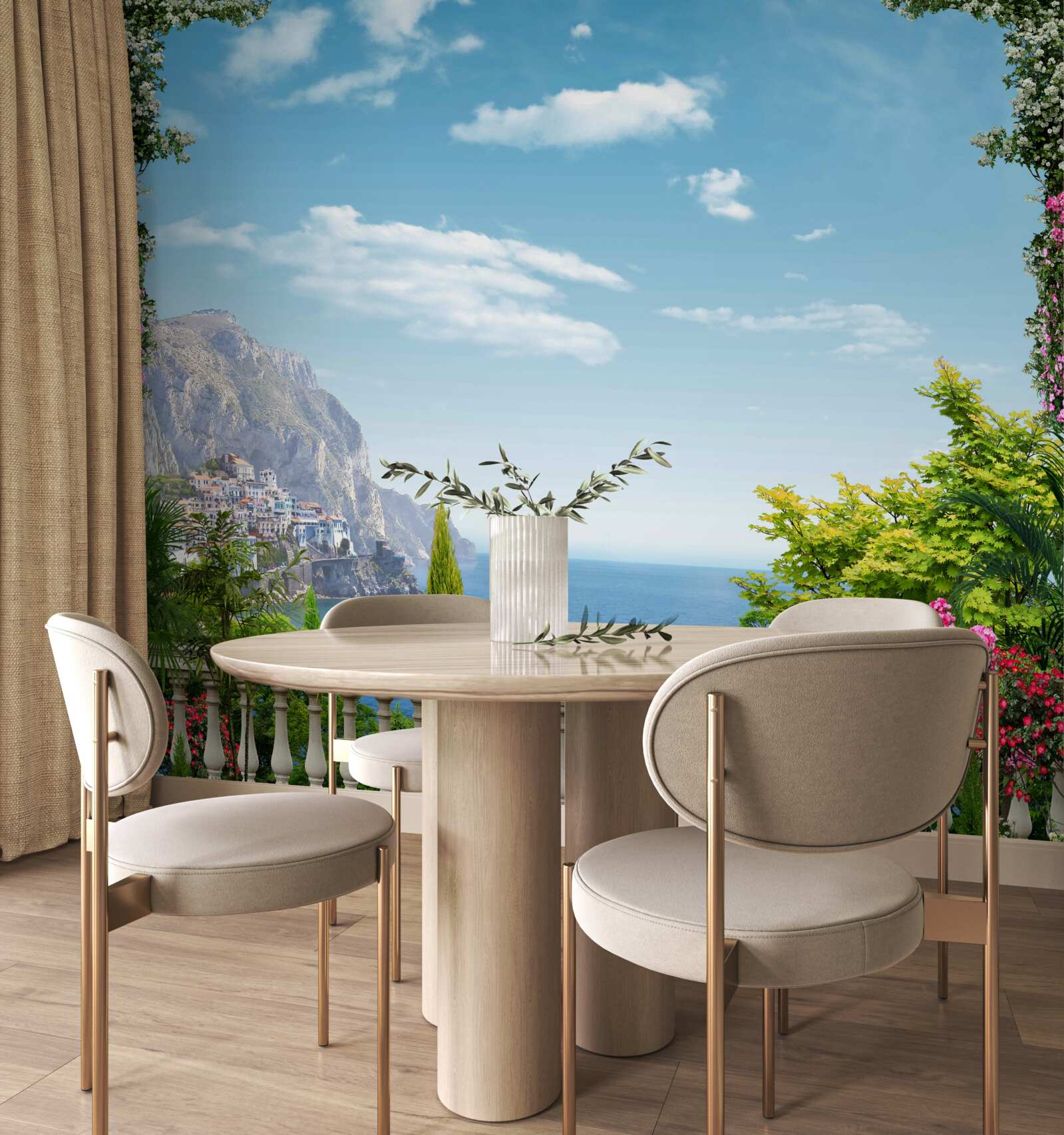 Fototapet vedere panoramică de la balcon cu vedere la munți și la mare