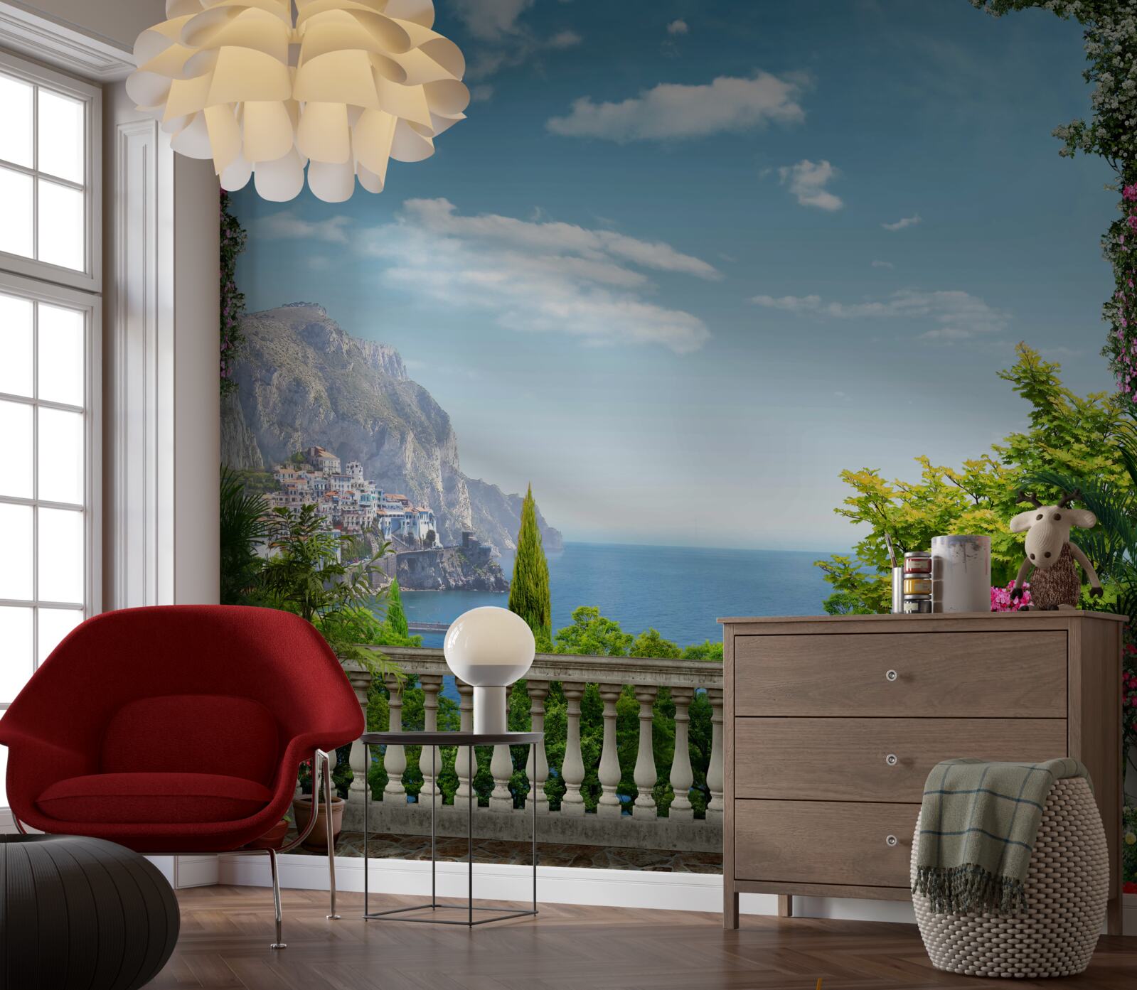 Fototapet vedere panoramică de la balcon cu vedere la munți și la mare