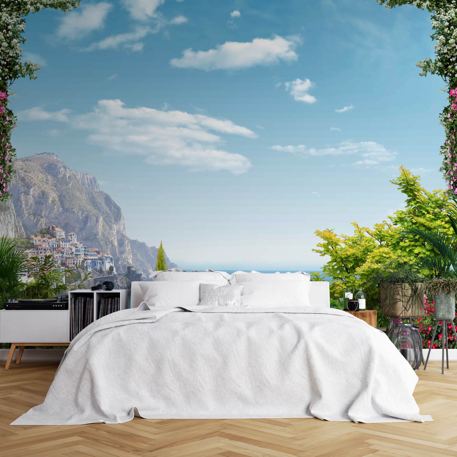 Fototapet vedere panoramică de la balcon cu vedere la munți și la mare