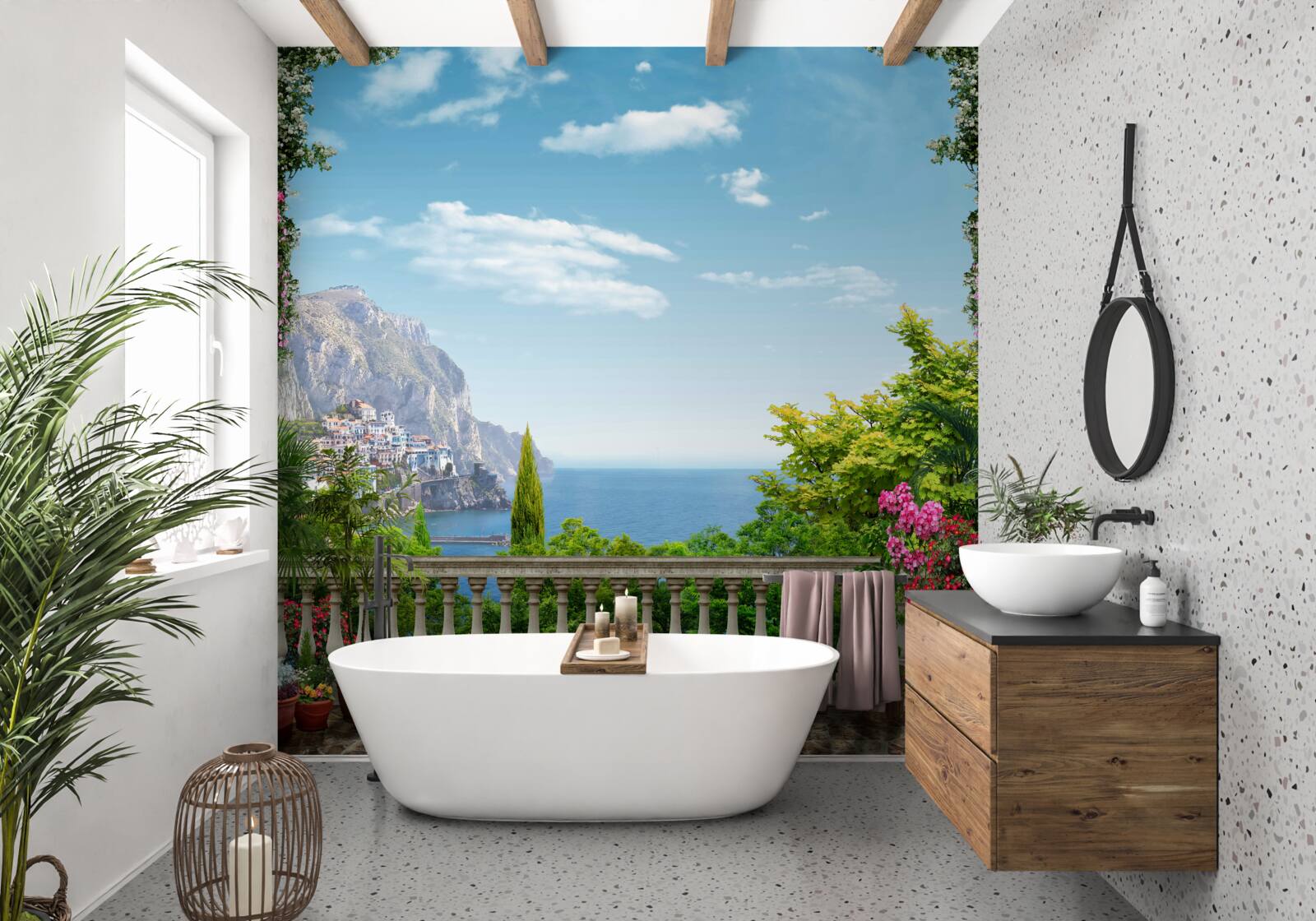 Fototapet vedere panoramică de la balcon cu vedere la munți și la mare