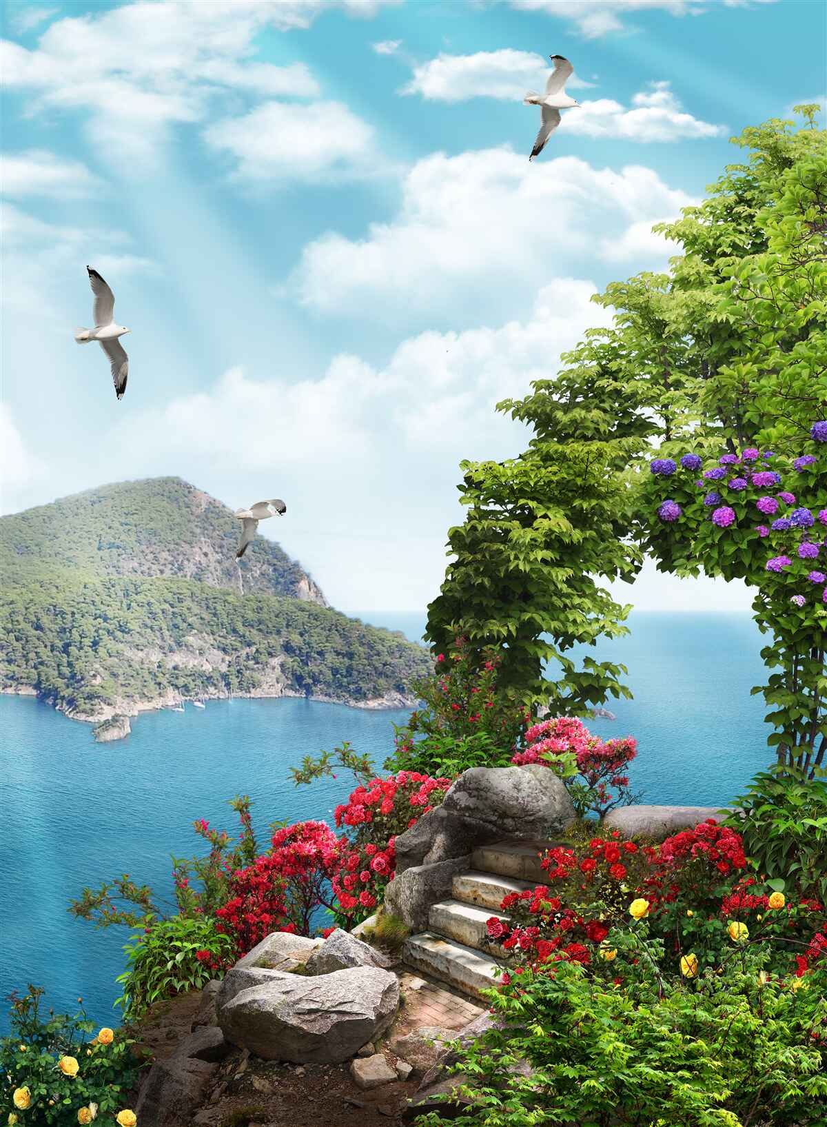 Fototapet grădină plantată cu vedere panoramică la mare