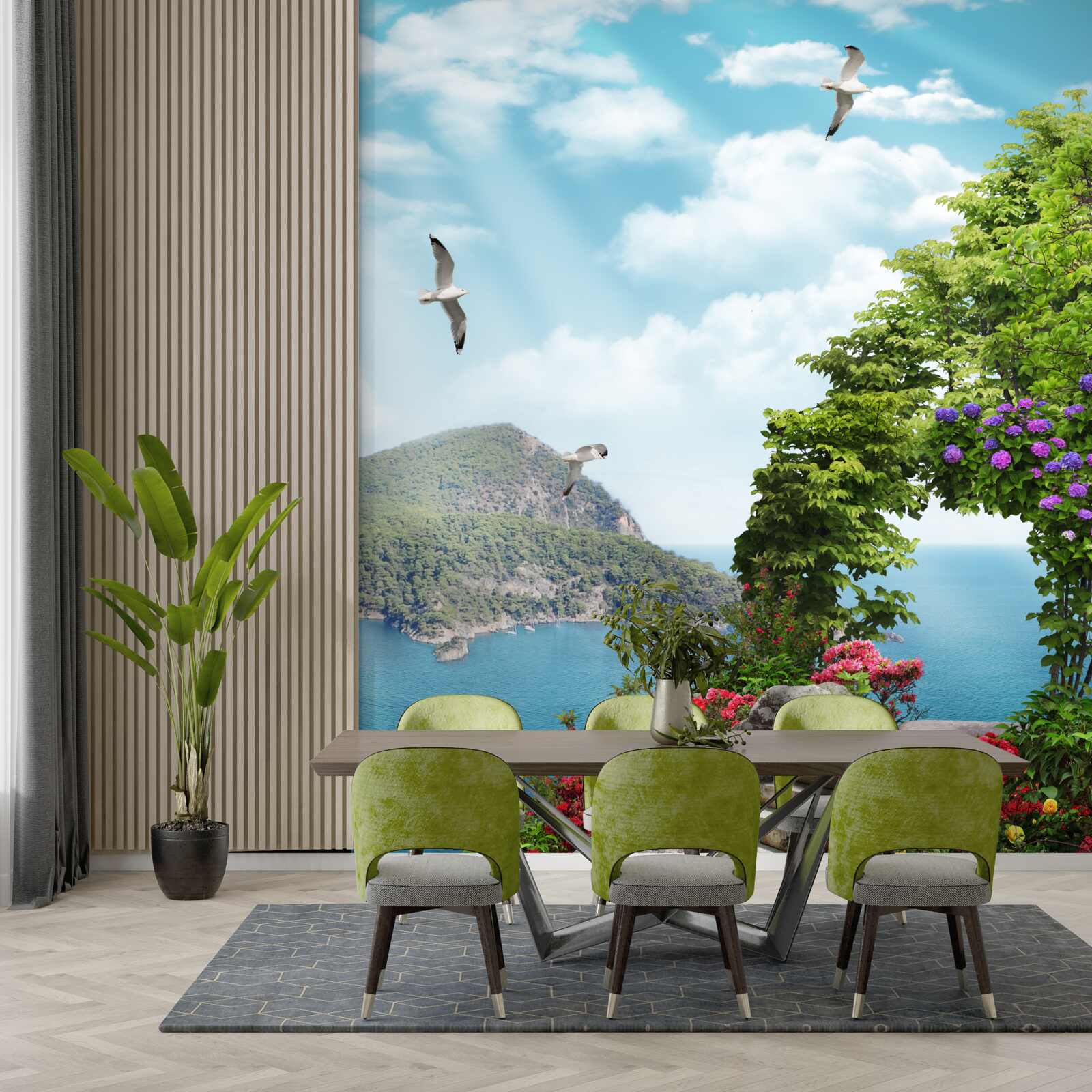 Fototapet grădină plantată cu vedere panoramică la mare