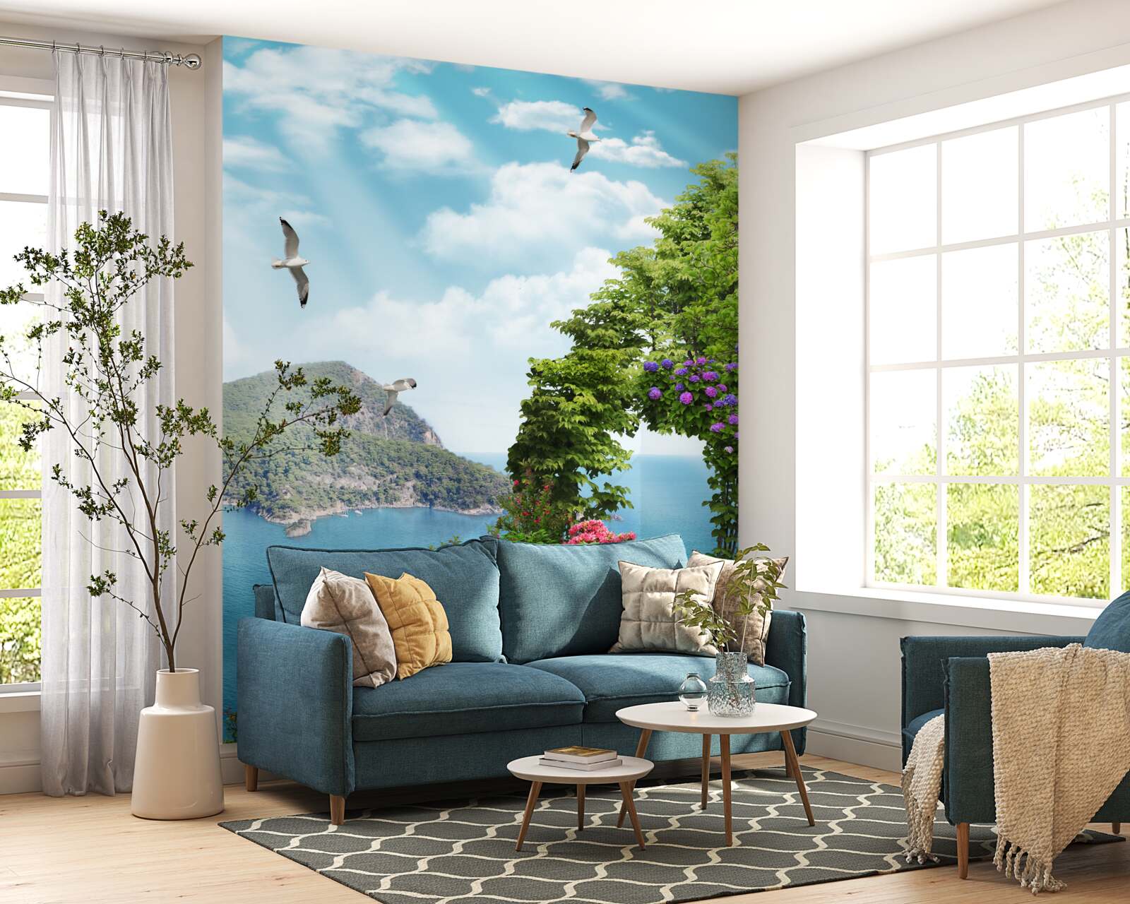 Fototapet grădină plantată cu vedere panoramică la mare