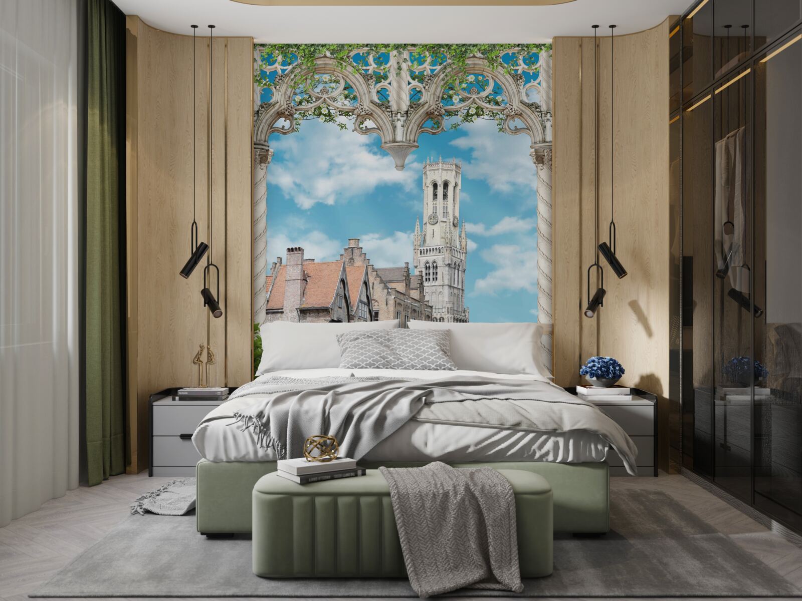 Fototapet panorama clădirilor de la fereastră