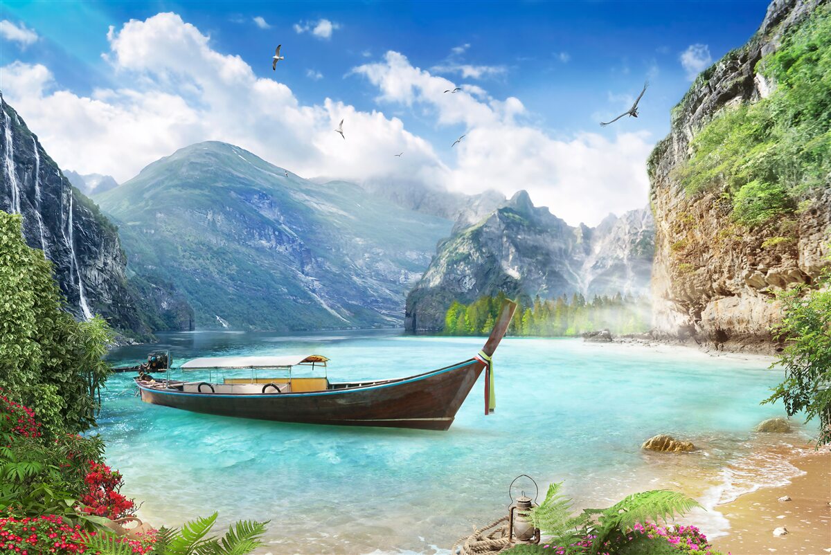 Fototapet barcă pe un lac în munți