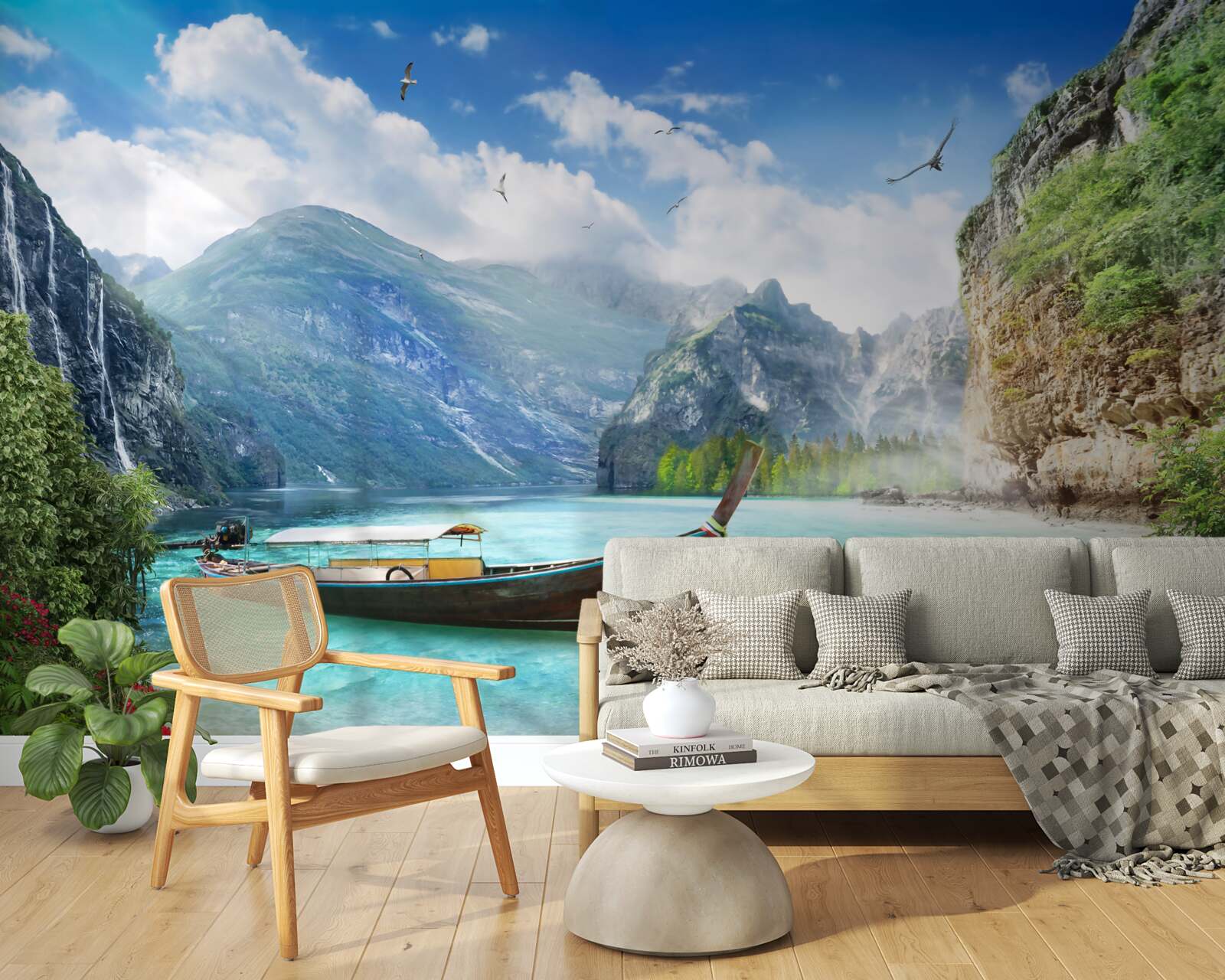 Fototapet barcă pe un lac în munți