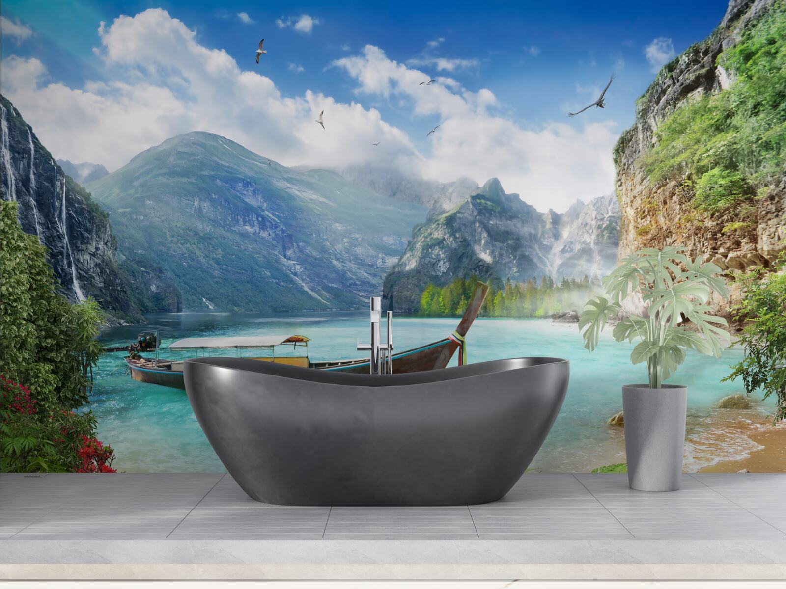 Fototapet barcă pe un lac în munți