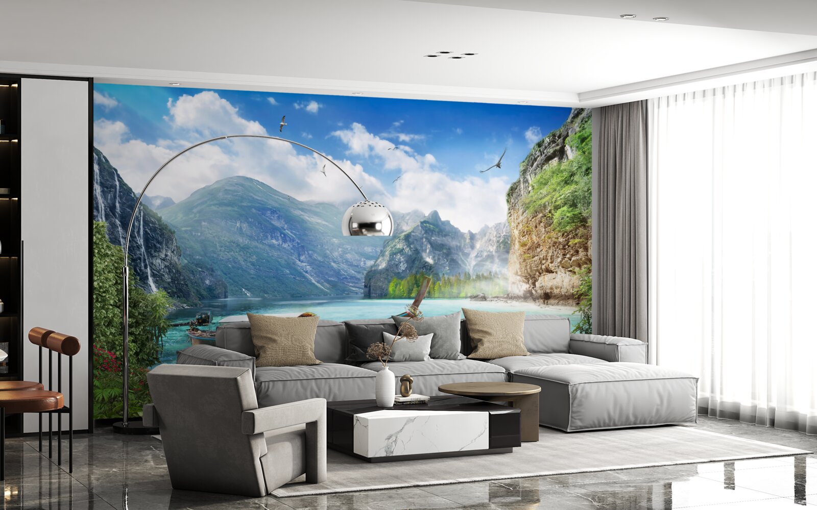 Fototapet barcă pe un lac în munți