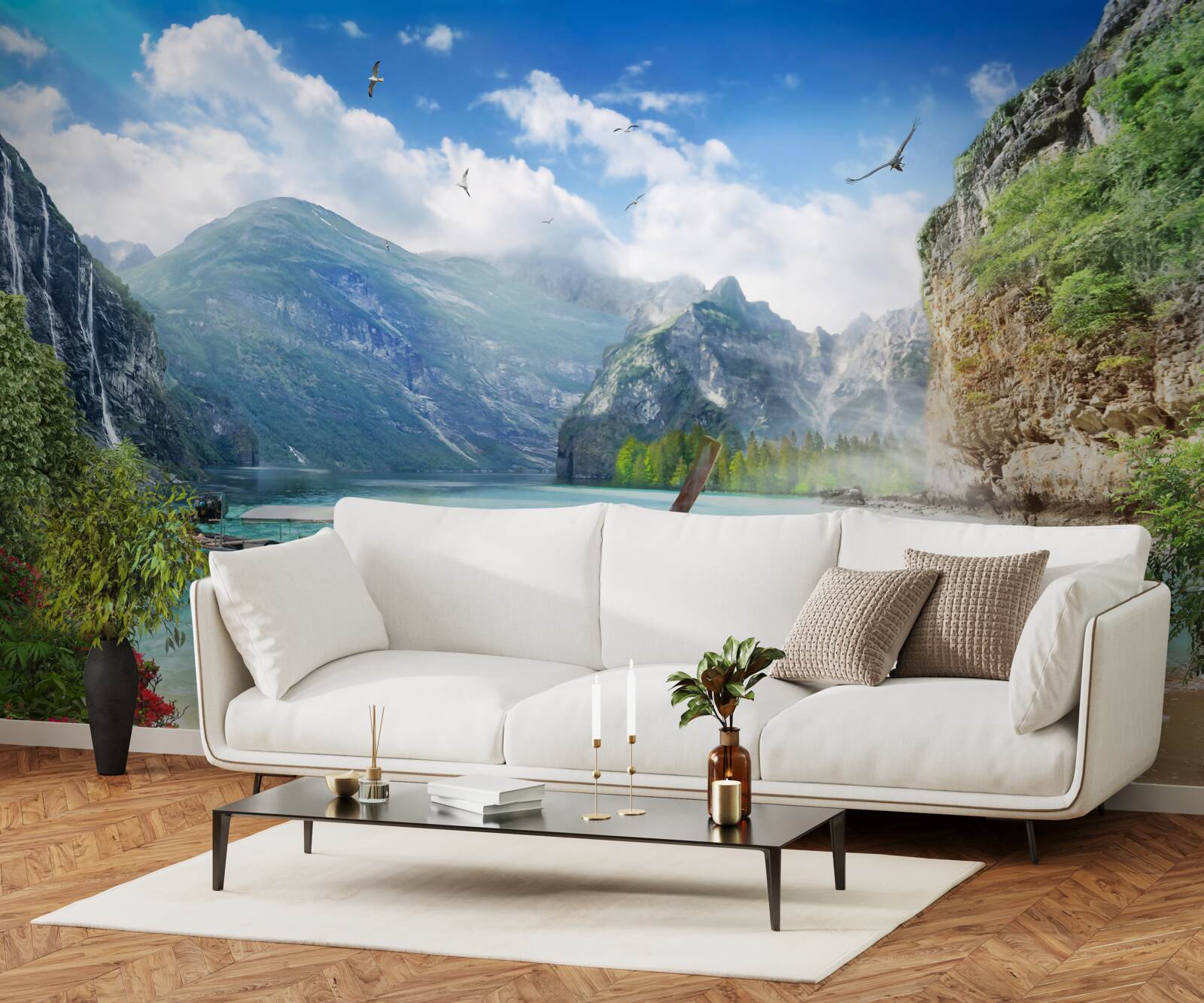 Fototapet barcă pe un lac în munți