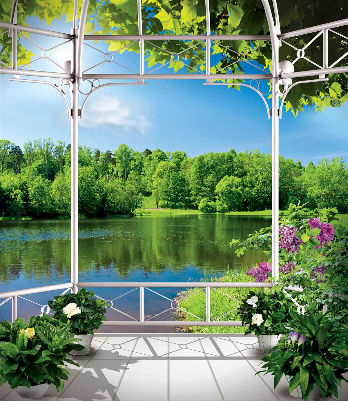 Fototapet pavilion cu plante lângă iaz