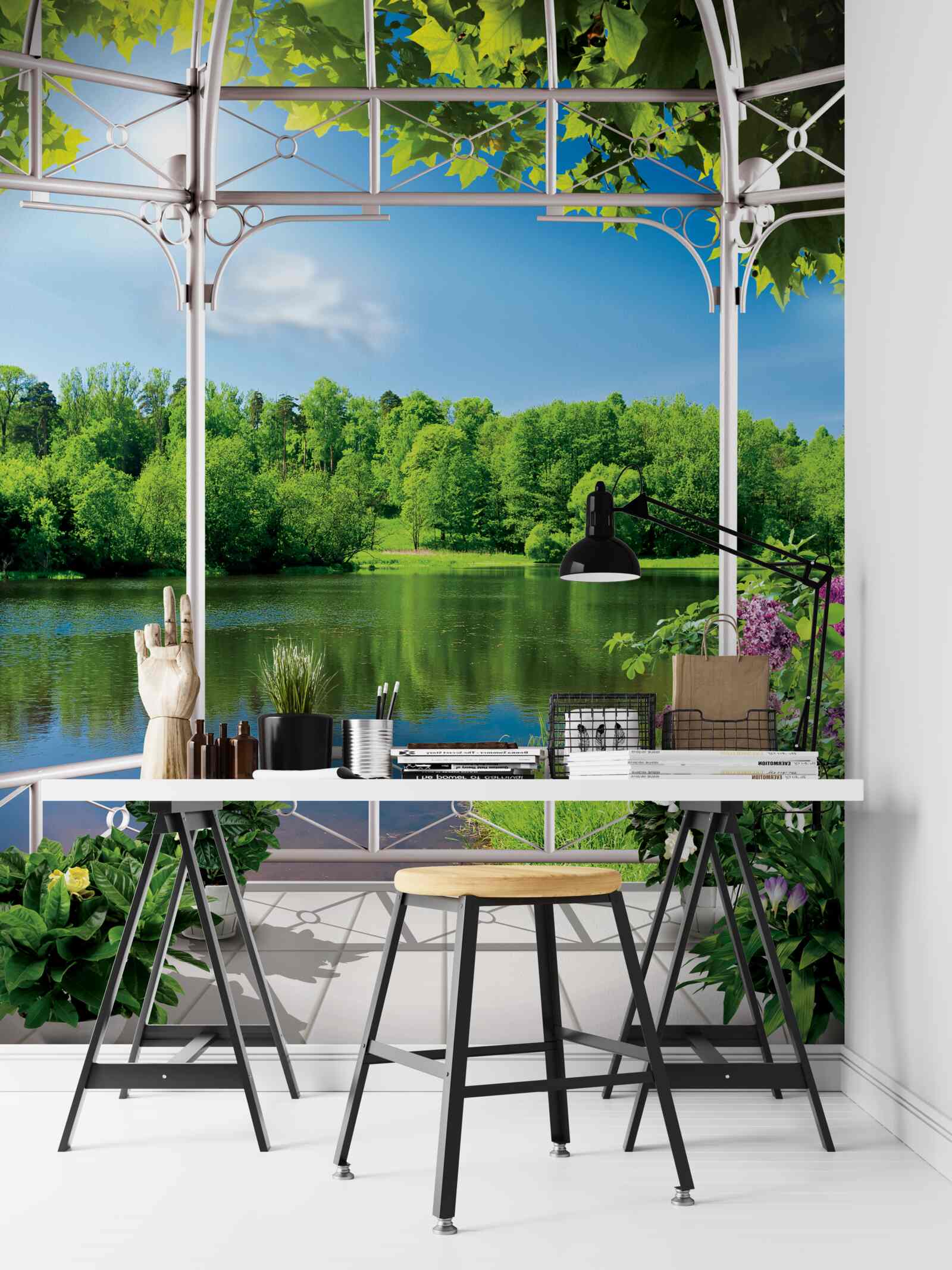 Fototapet pavilion cu plante lângă iaz