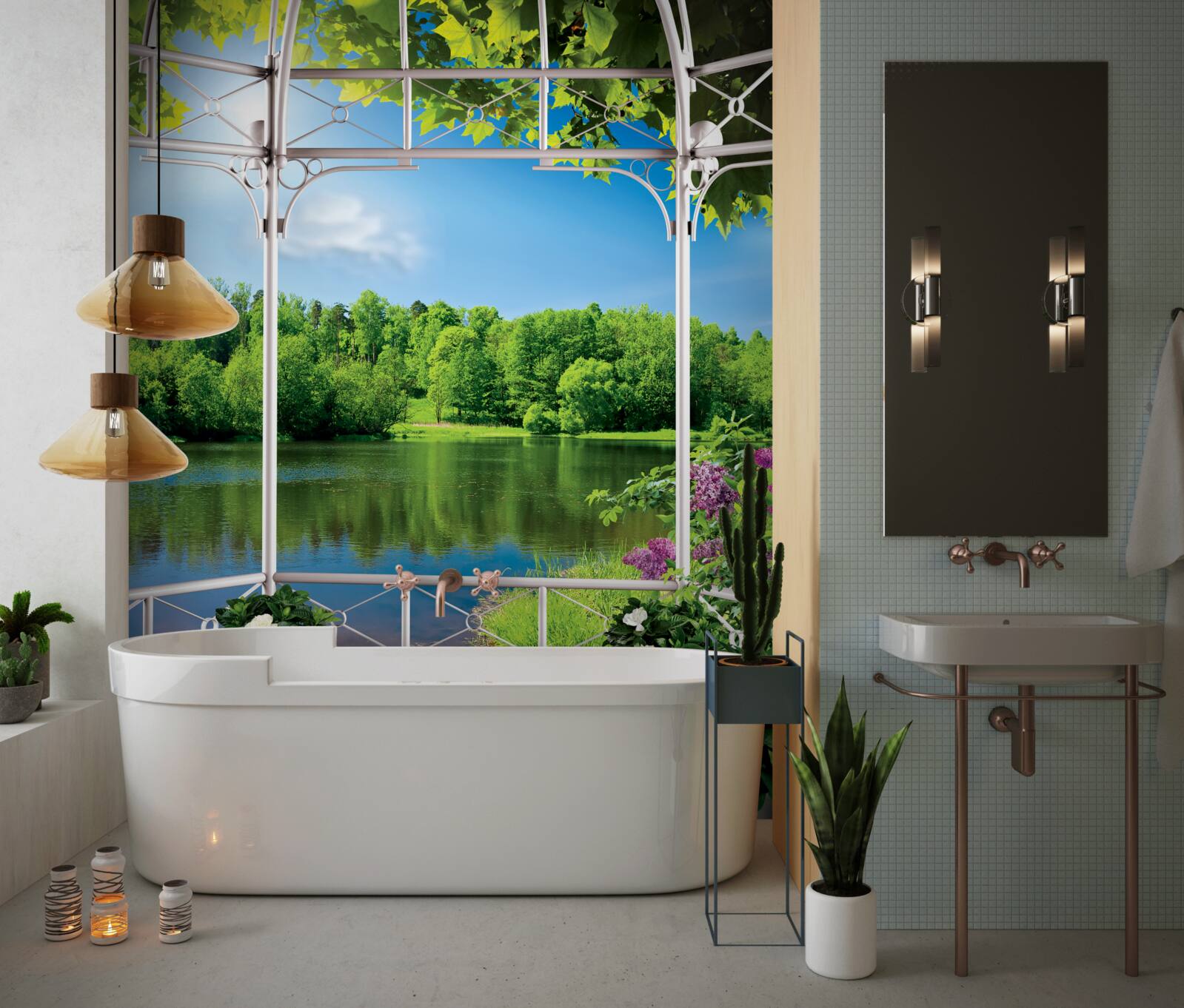 Fototapet pavilion cu plante lângă iaz