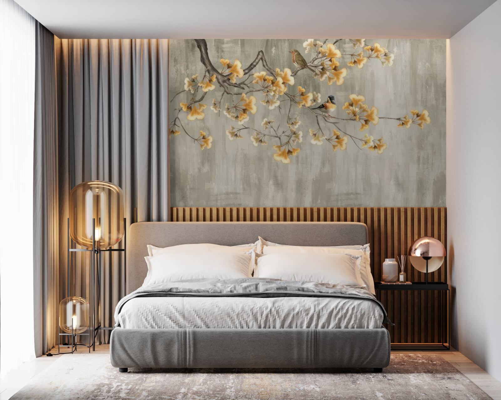 Fototapet păsări așezate pe o ramură cu flori galbene