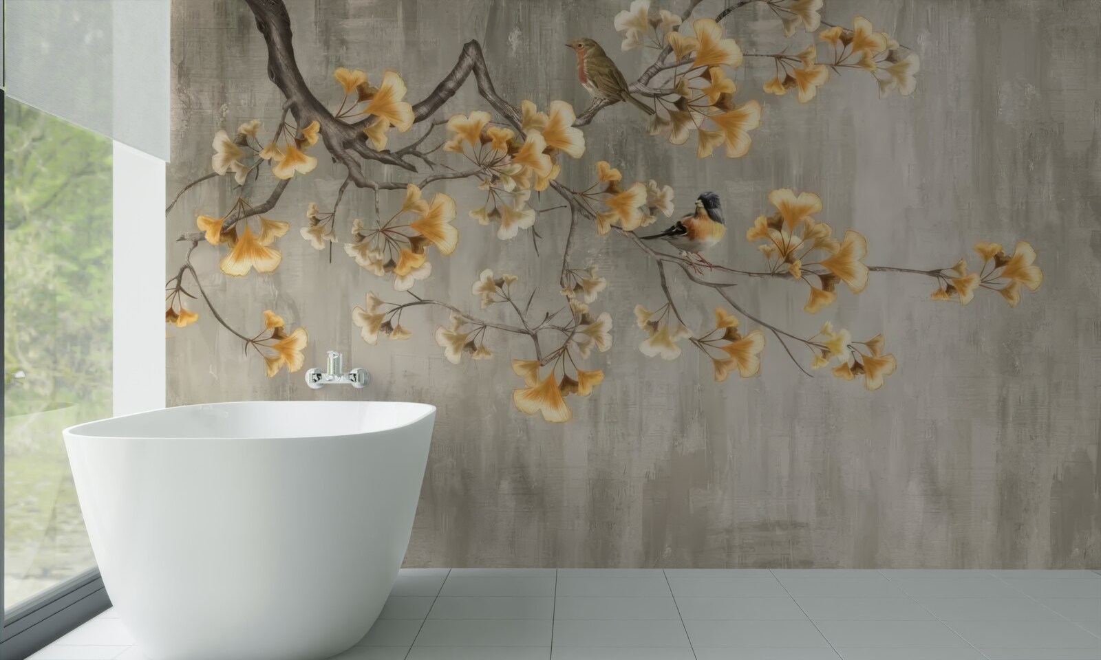 Fototapet păsări așezate pe o ramură cu flori galbene