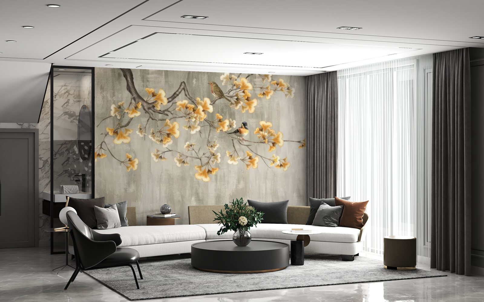 Fototapet păsări așezate pe o ramură cu flori galbene