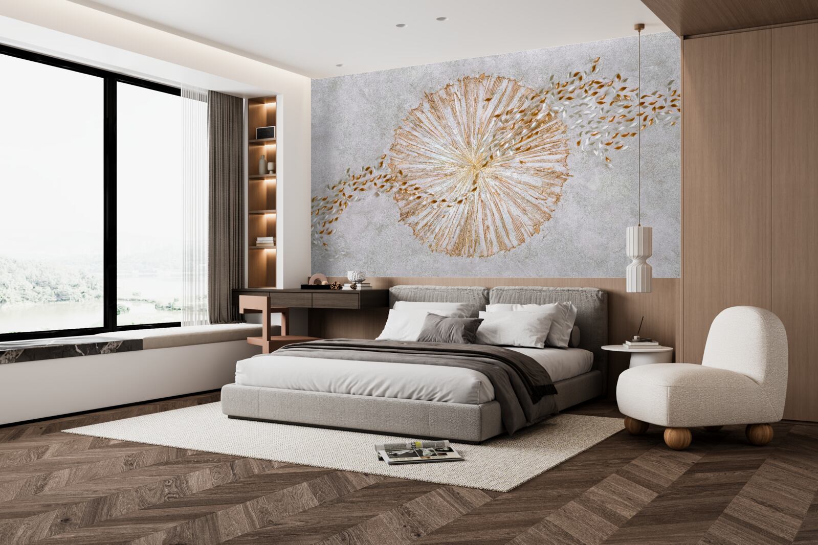 Fototapet cerc de aur și petale plutitoare