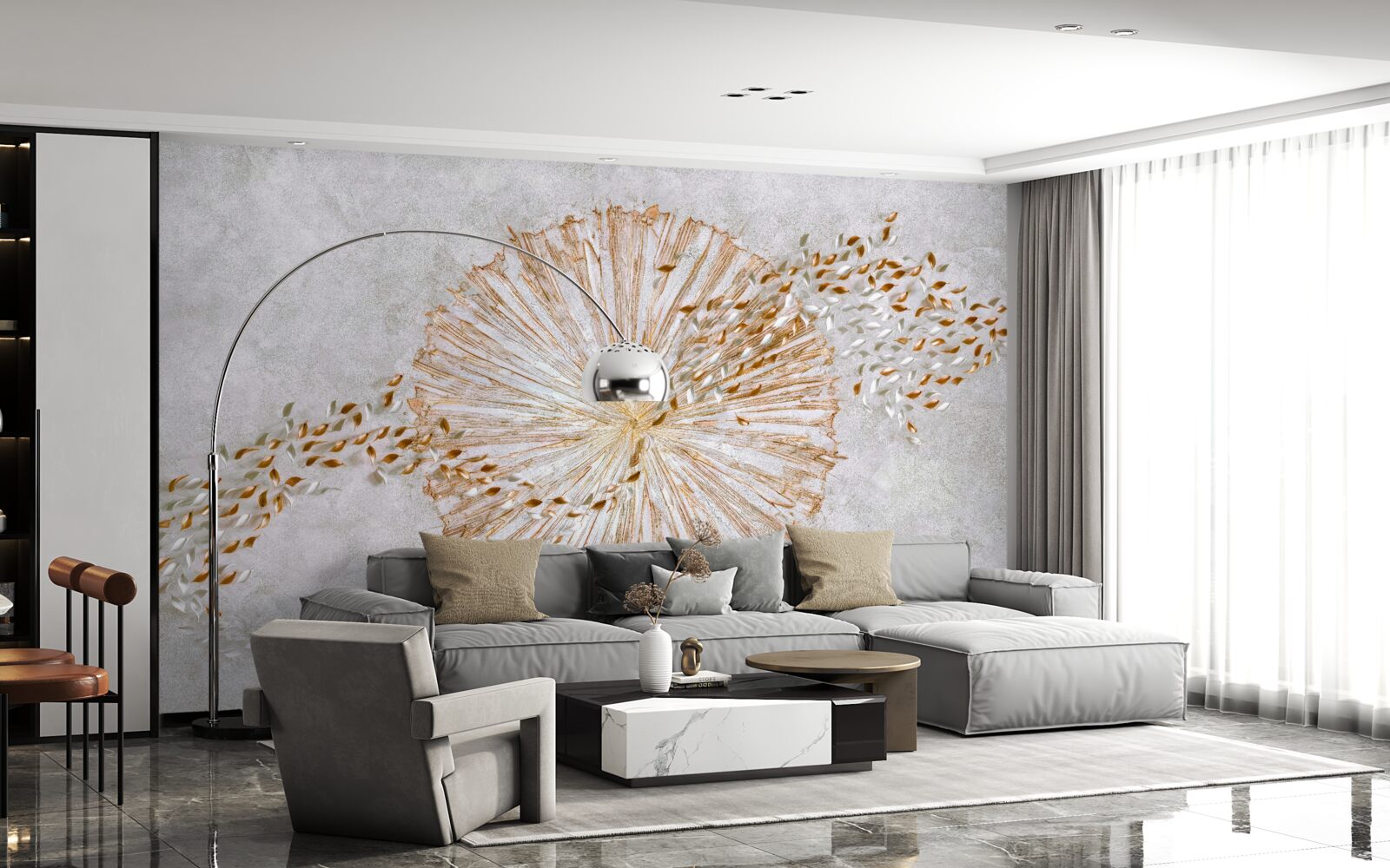 Fototapet cerc de aur și petale plutitoare