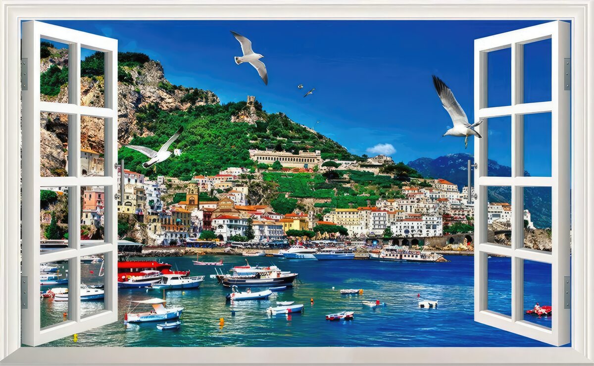 Fototapet vedere panoramică a mării și a orașului de la fereastră