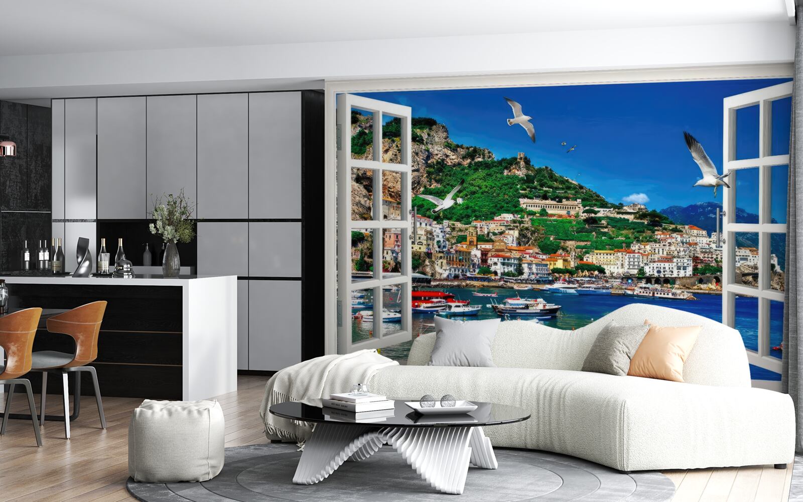 Fototapet vedere panoramică a mării și a orașului de la fereastră