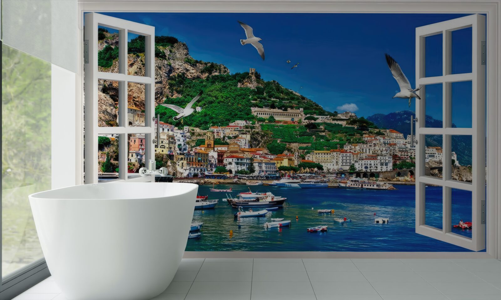 Fototapet vedere panoramică a mării și a orașului de la fereastră