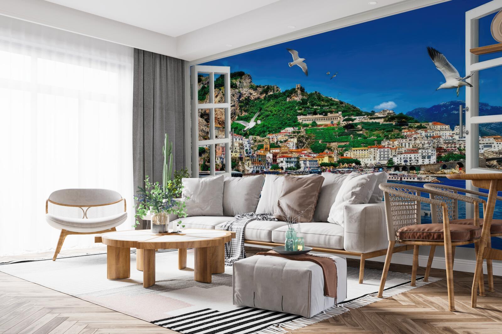 Fototapet vedere panoramică a mării și a orașului de la fereastră