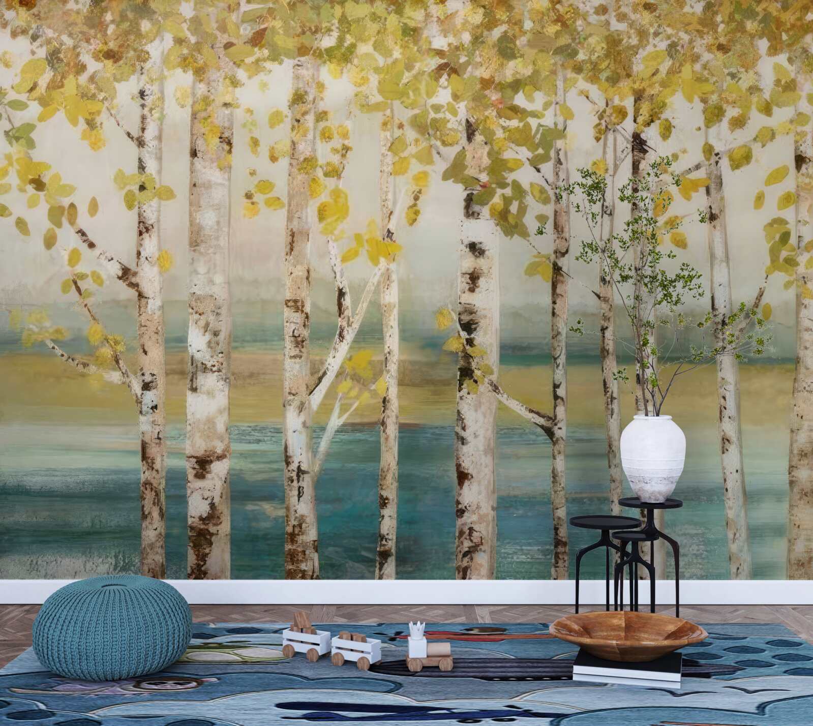 Fototapet copaci cu frunze galbene stau lângă apă