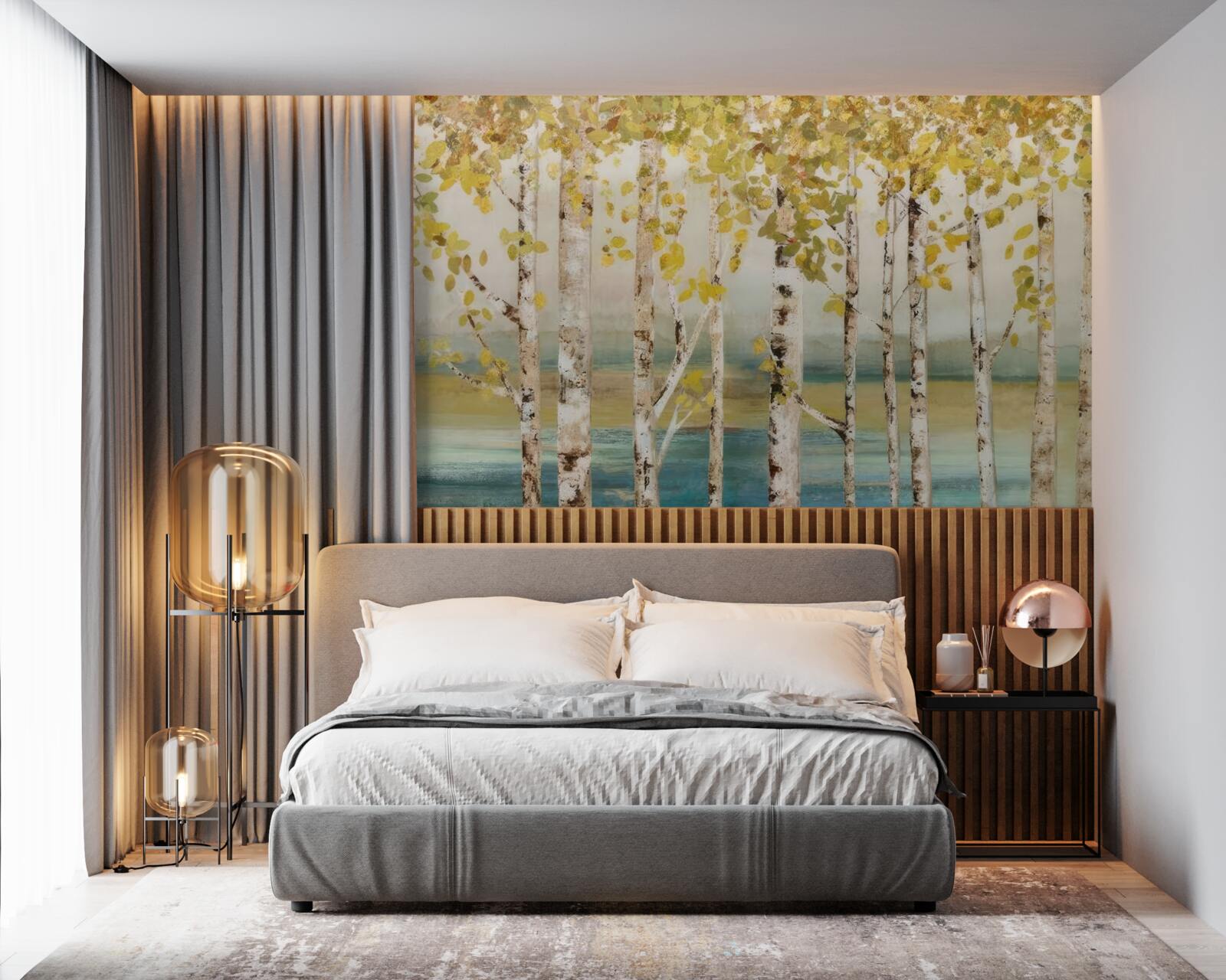 Fototapet copaci cu frunze galbene stau lângă apă