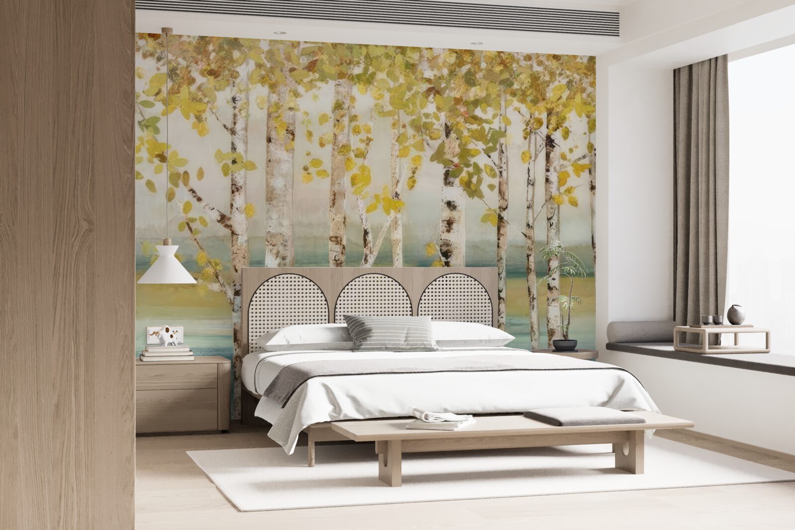 Fototapet copaci cu frunze galbene stau lângă apă