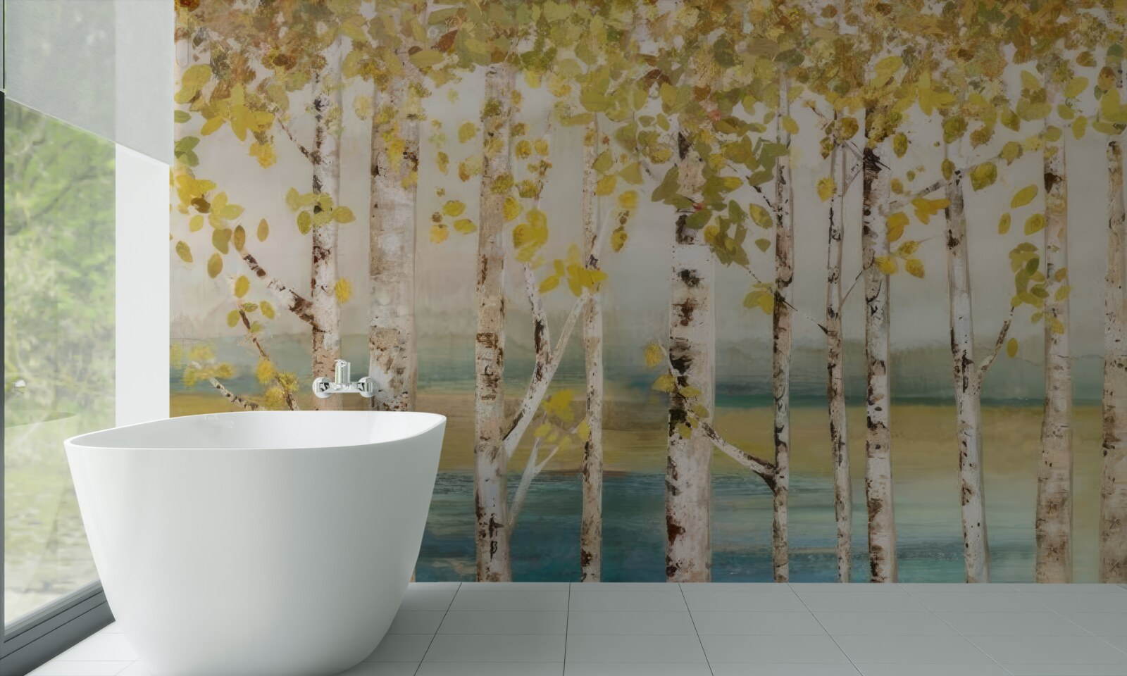 Fototapet copaci cu frunze galbene stau lângă apă