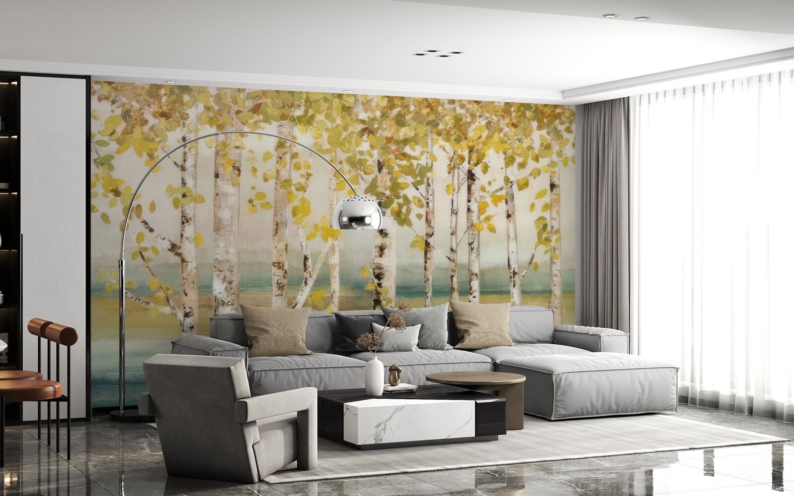 Fototapet copaci cu frunze galbene stau lângă apă