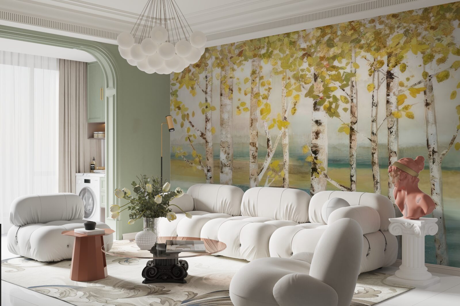 Fototapet copaci cu frunze galbene stau lângă apă