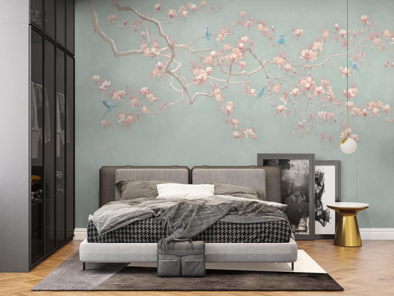 Fototapet ramură cu flori înflorite și afine